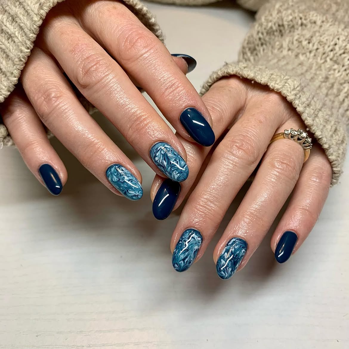 Deep Ocean Swirl Oval Glossy Nails