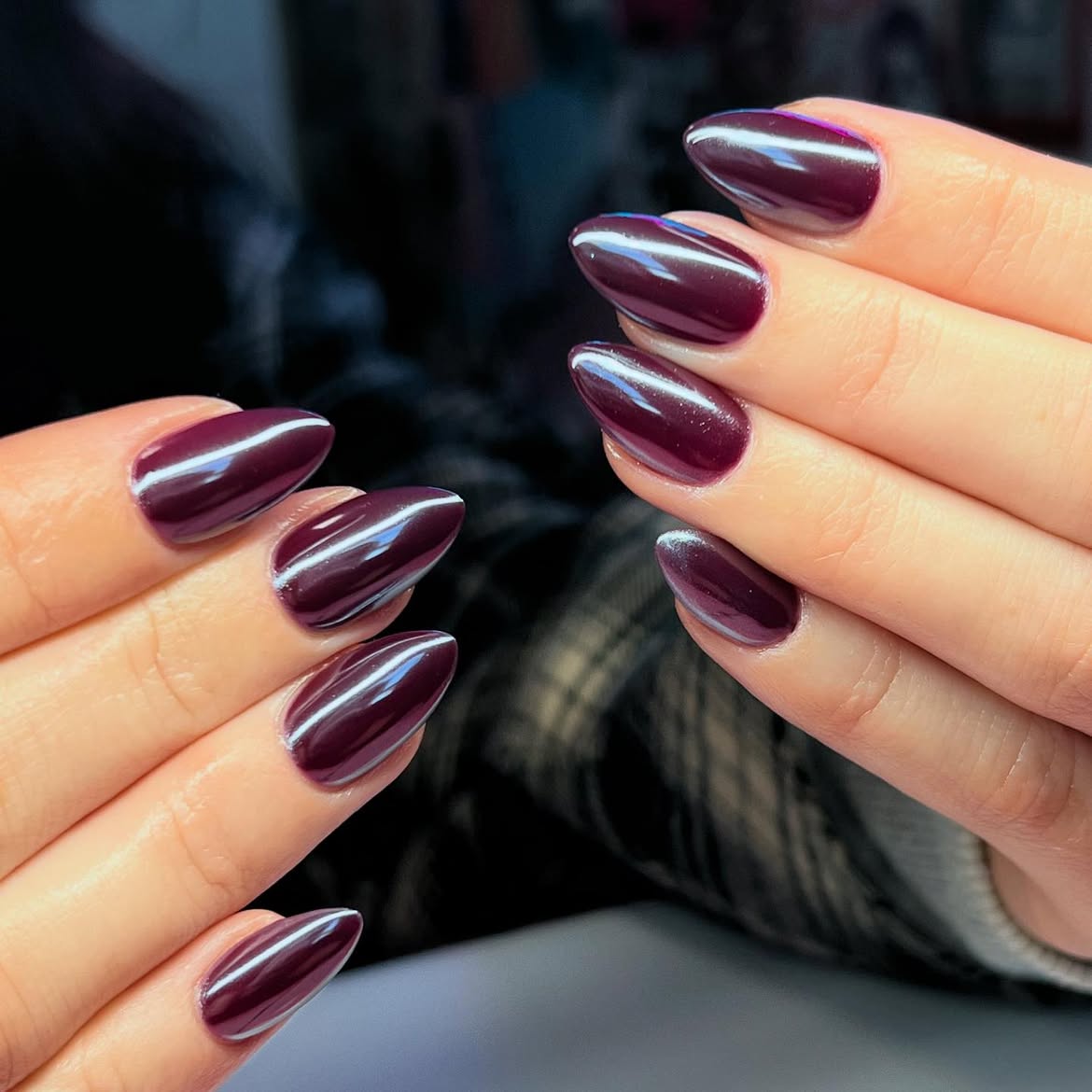 Deep Plum Chrome Almond Nails