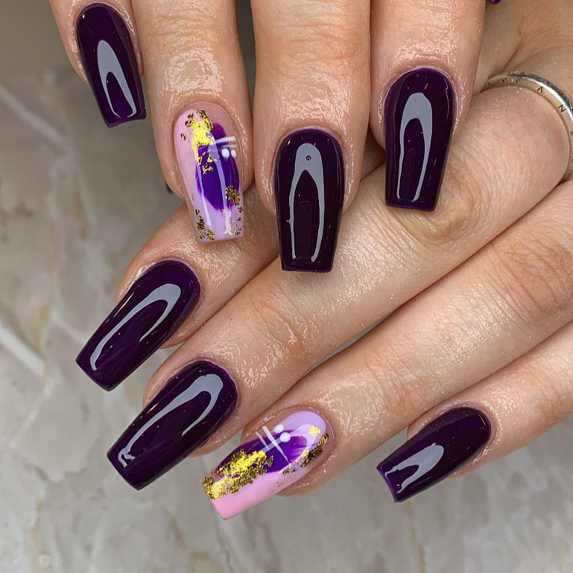Deep Plum Coffin Nails With Gold Foil Accents