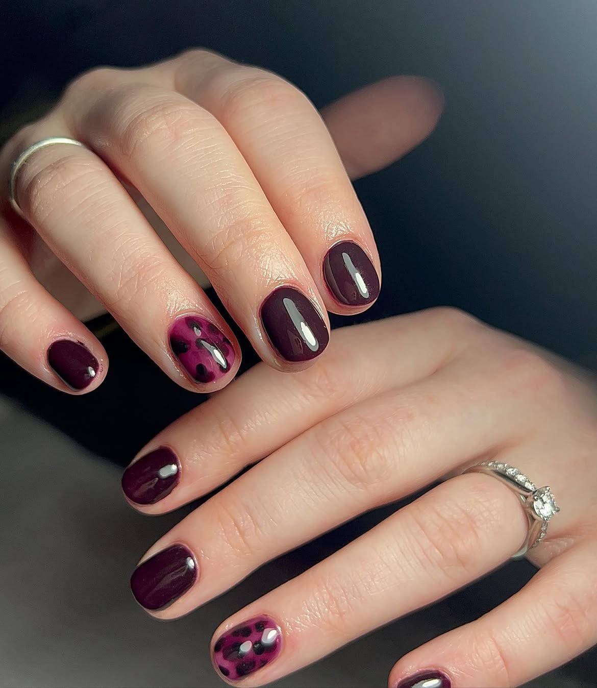 Deep Plum Leopard Print Short Oval Nails