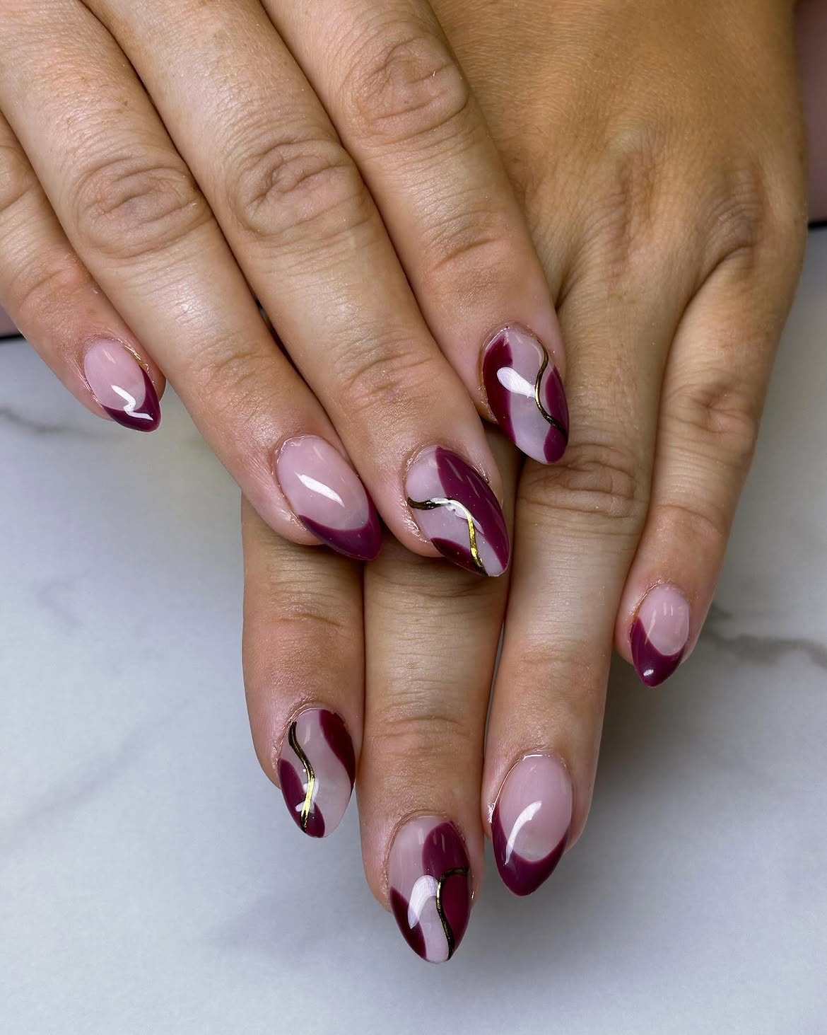 Deep Plum Swirl Almond French Tips