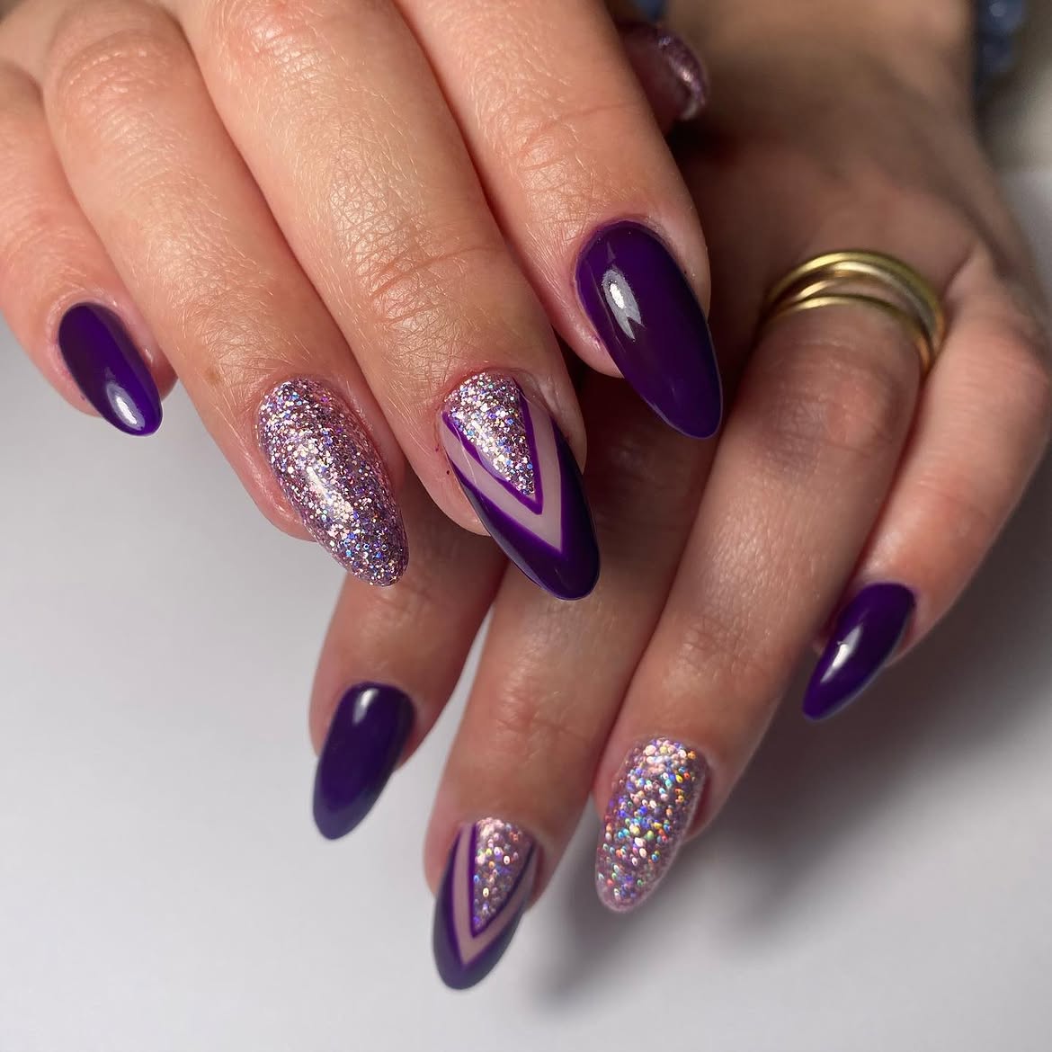 Deep Plum V-Cut French Glitter Almond Nails