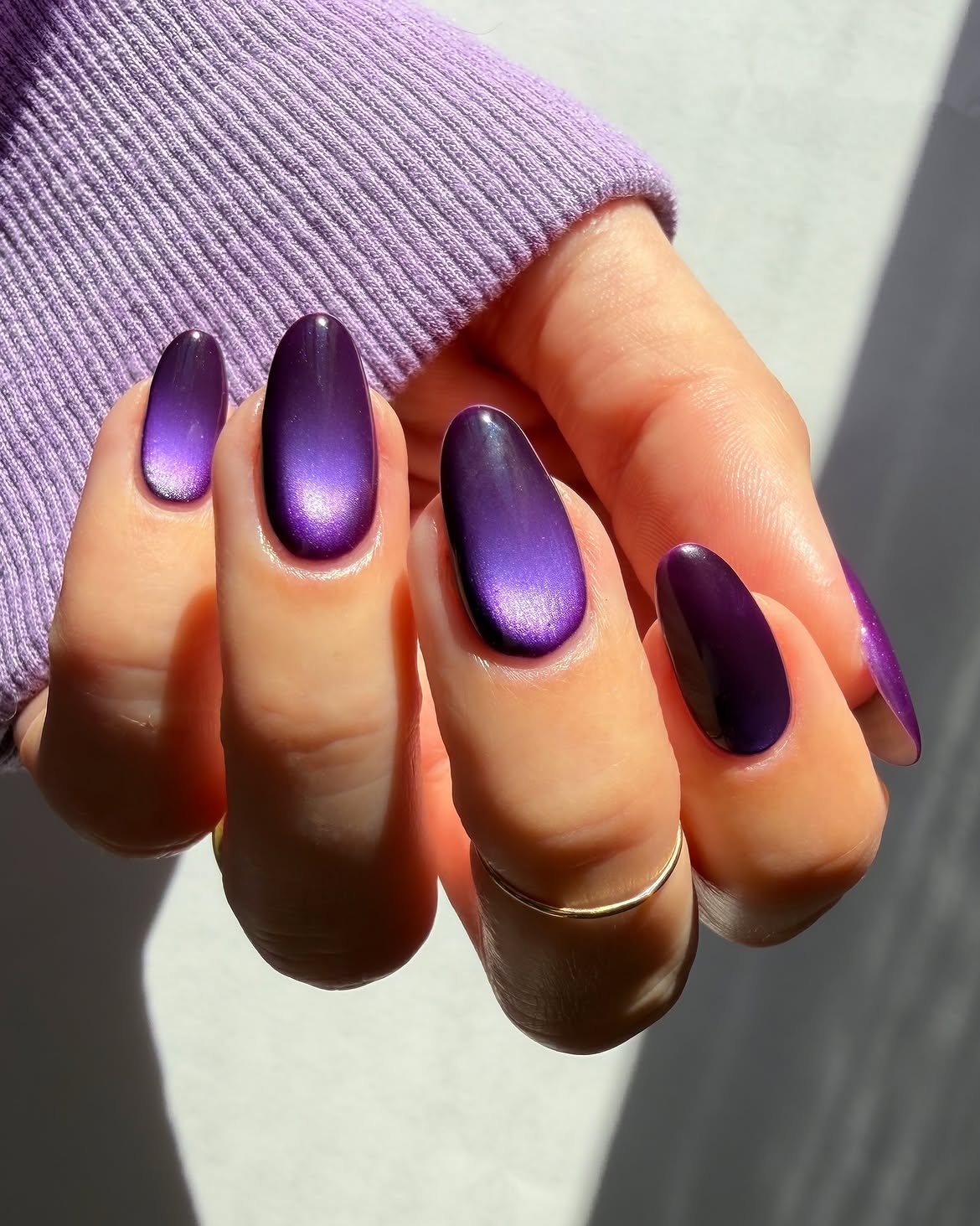 Deep Purple Cat Eye Almond Nails