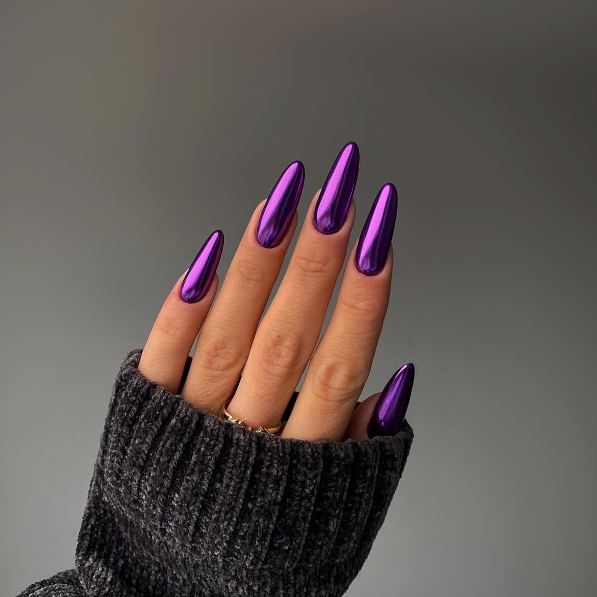 Deep Purple Chrome Stiletto Nails
