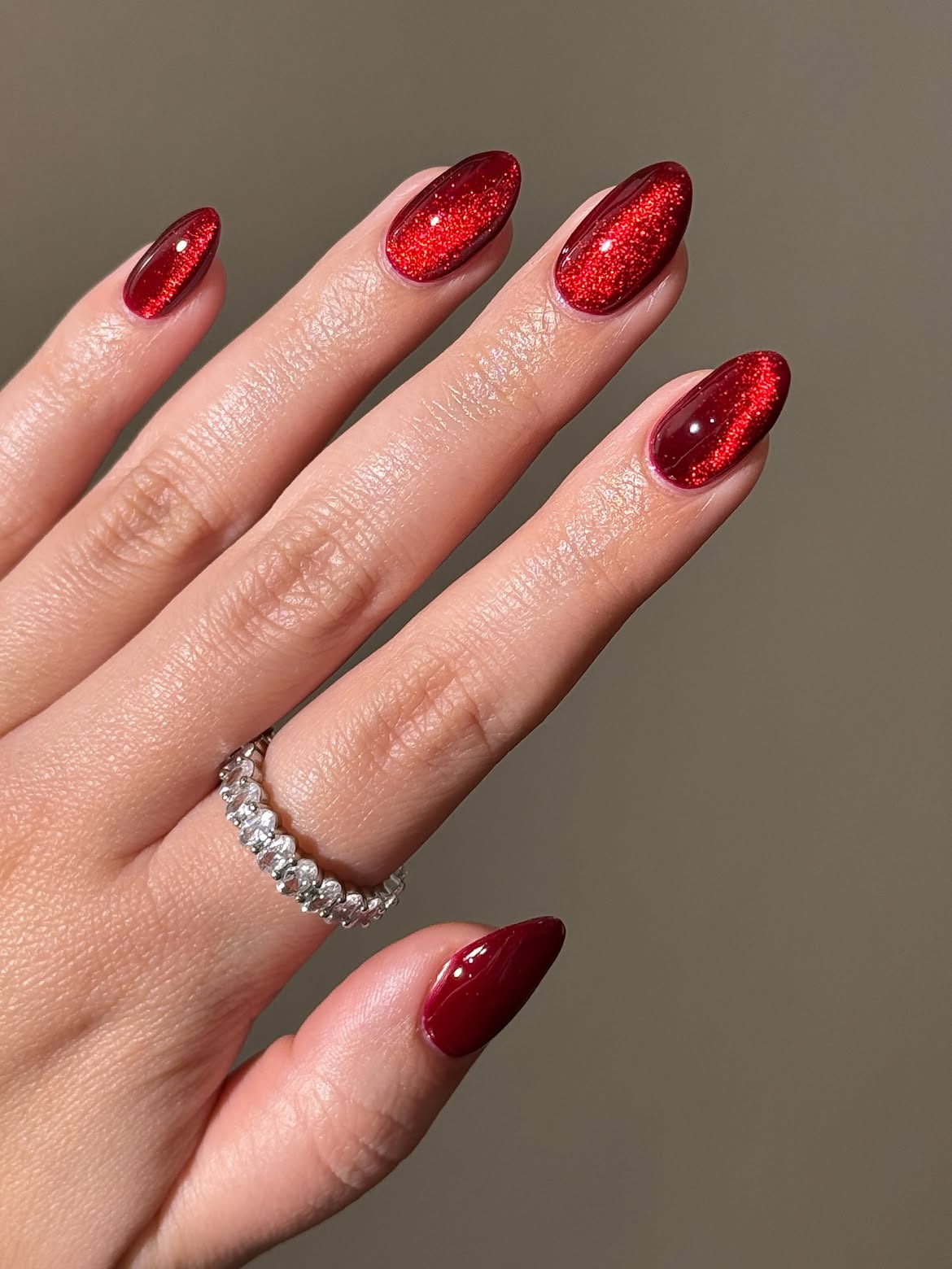 Deep Red Cat Eye Oval Nails