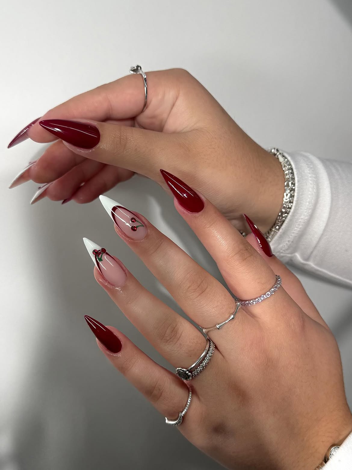 Deep Red Cherry French Stiletto Nails