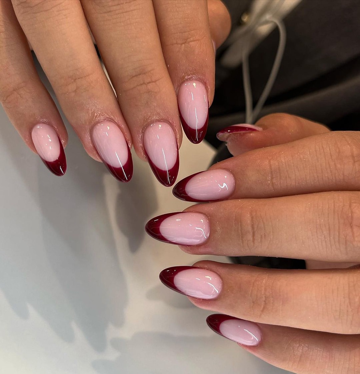 Deep Red Classic French Almond Nails