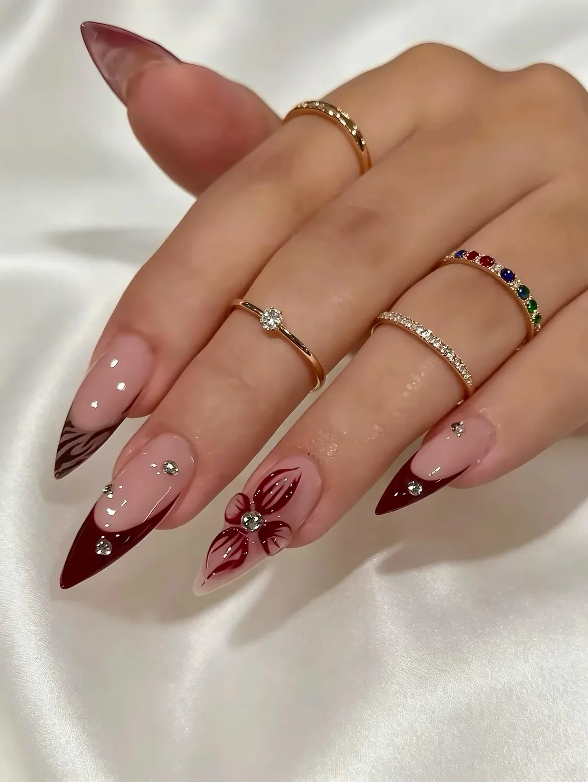 Deep Red Floral Stiletto French With Rhinestones