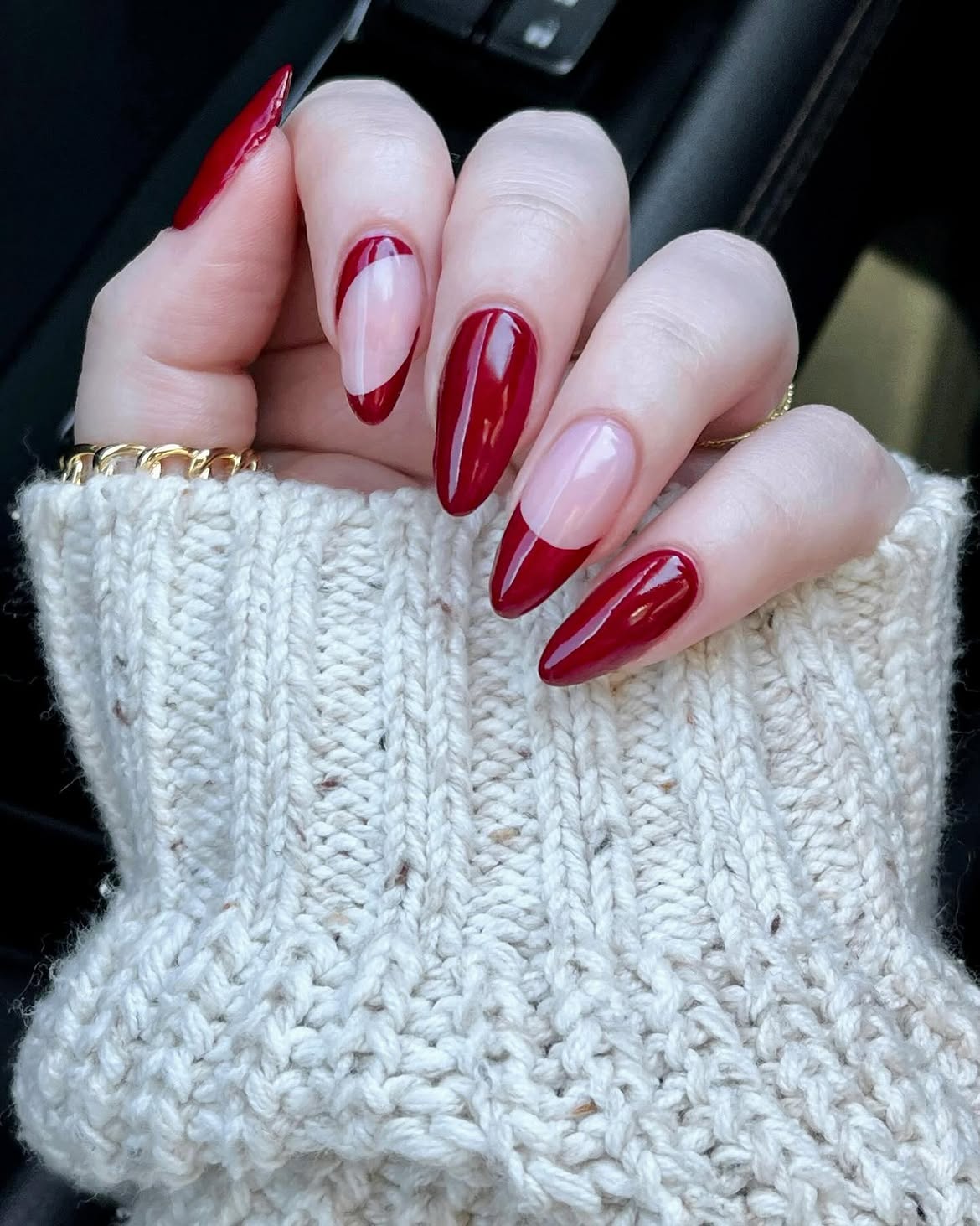 Deep Red French Almond Nails