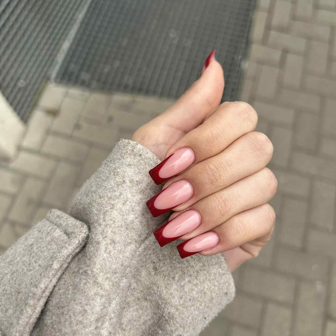 Deep Red French Tip Square Nails