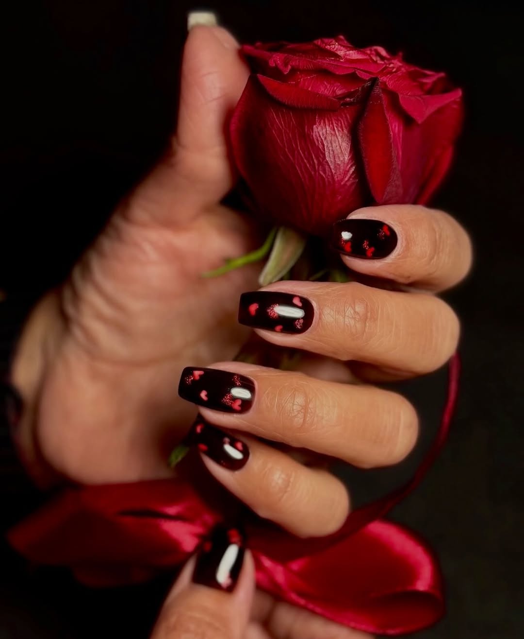 Deep Red Hearts Glossy Square Nails