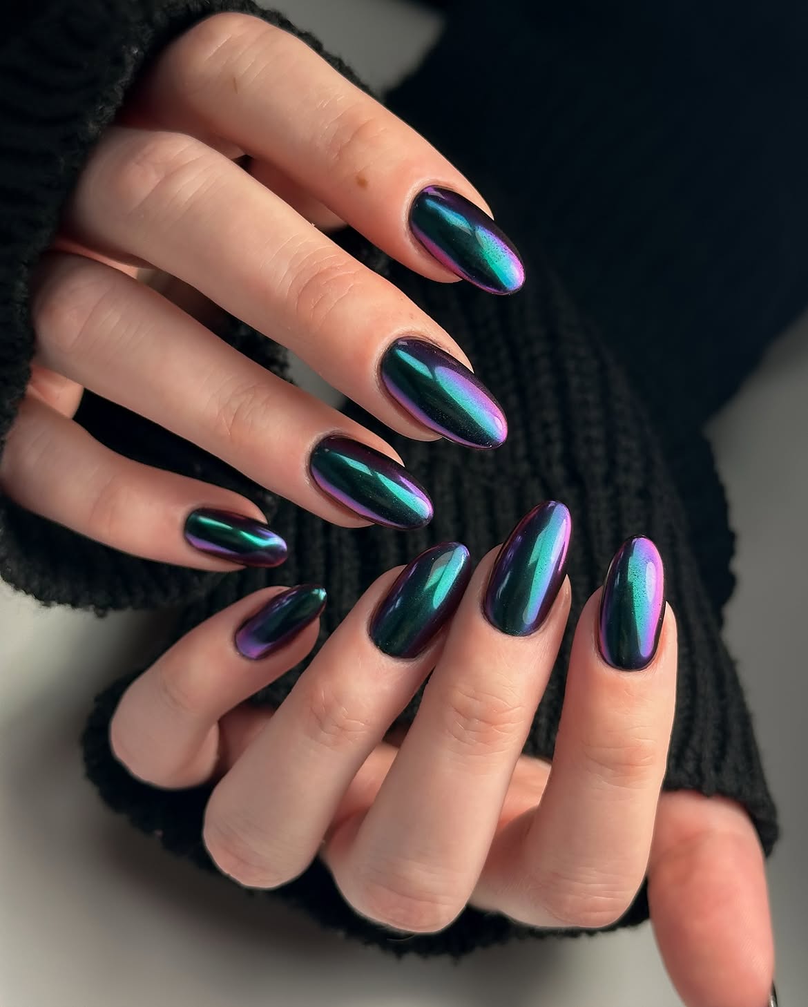 Deep Teal and Purple Chrome Oval Nails