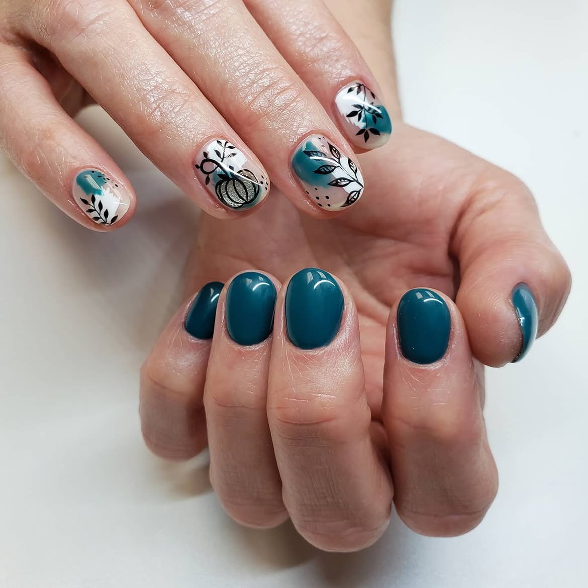 Deep Teal Fall Harvest Pumpkin Nail Art
