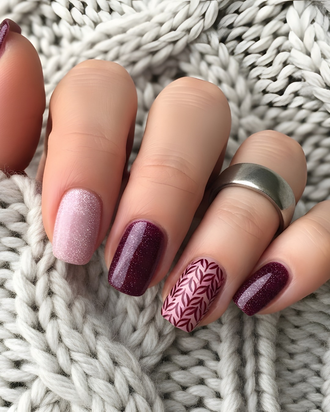 Delicate Leaf Pattern and Berry Sparkle Nails