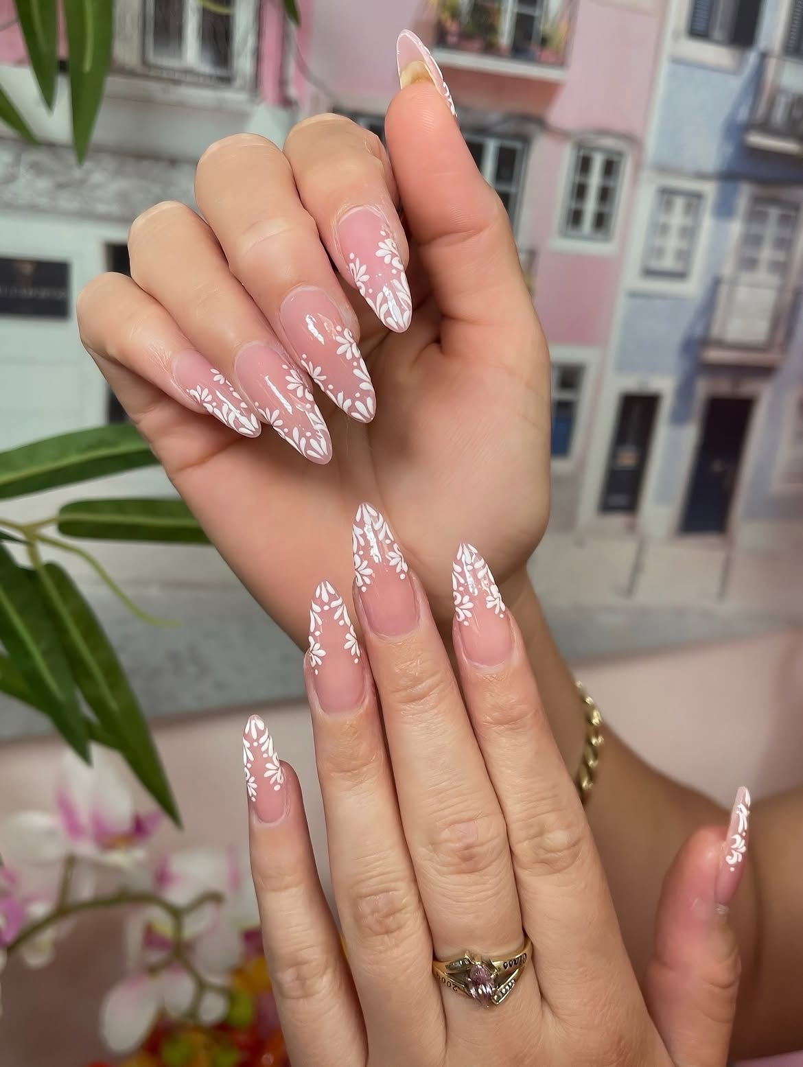 Delicate White Floral French Tip Almond Nails