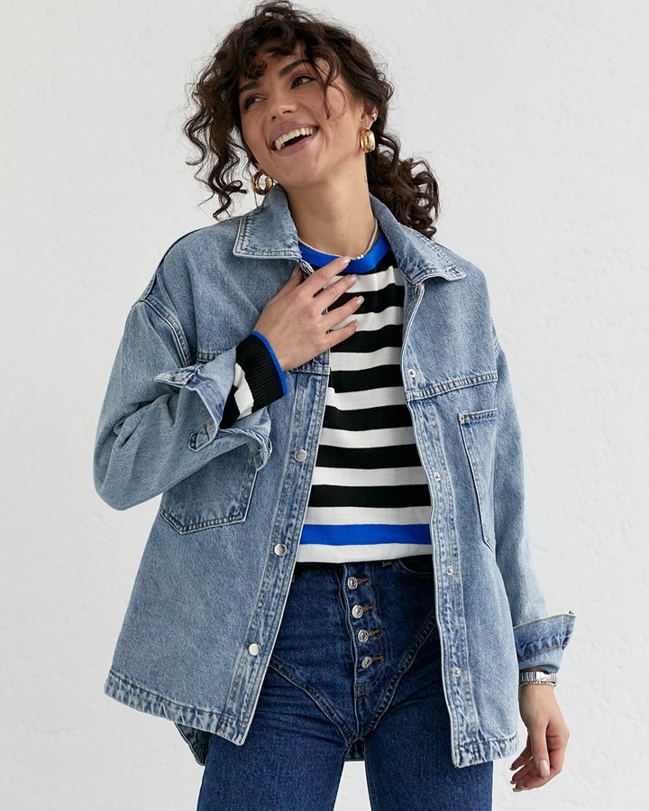 Denim Jacket Layered Over Striped Knit and Button-Front Jeans