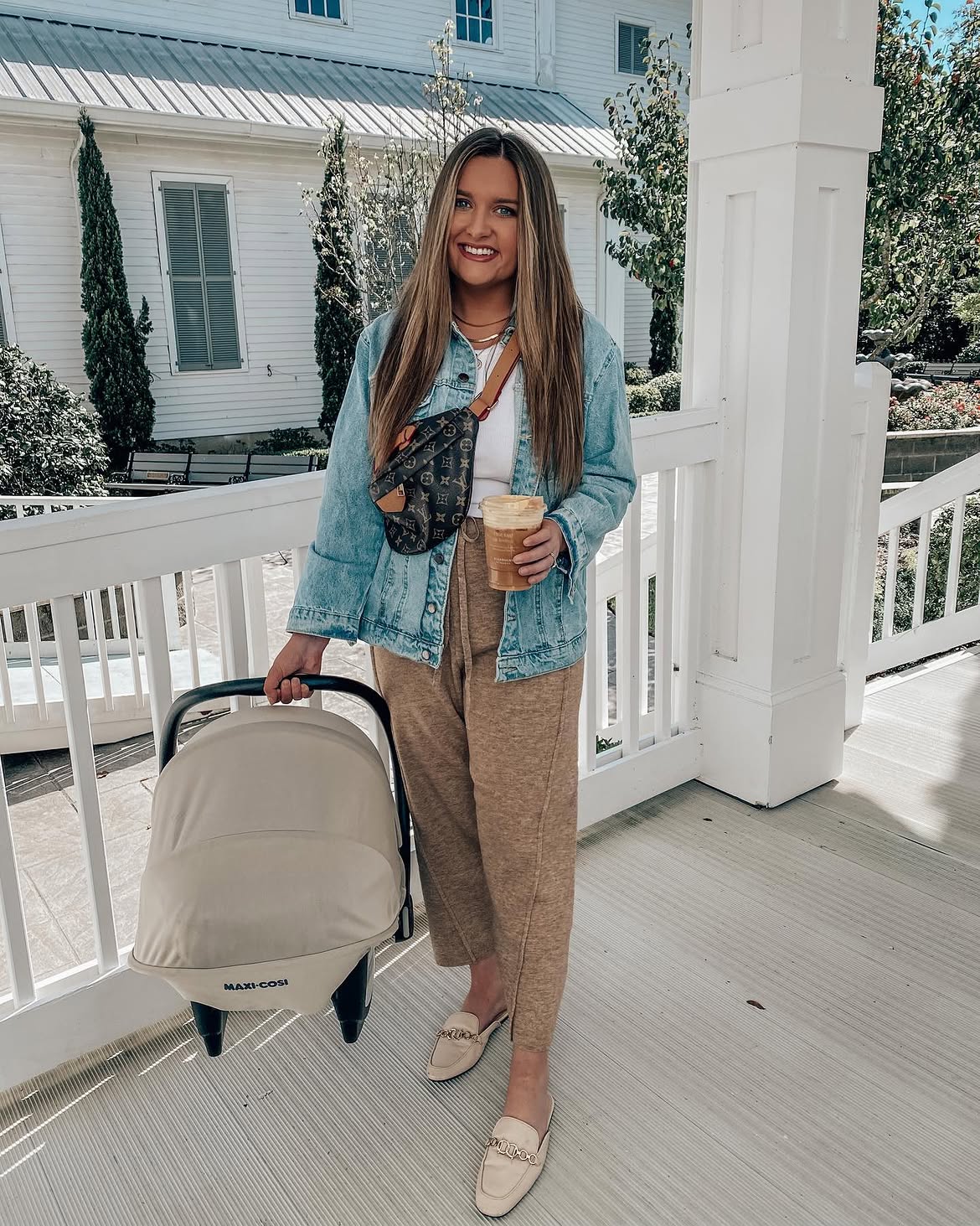Denim Jacket & Tan Joggers Mom Off-Duty Style