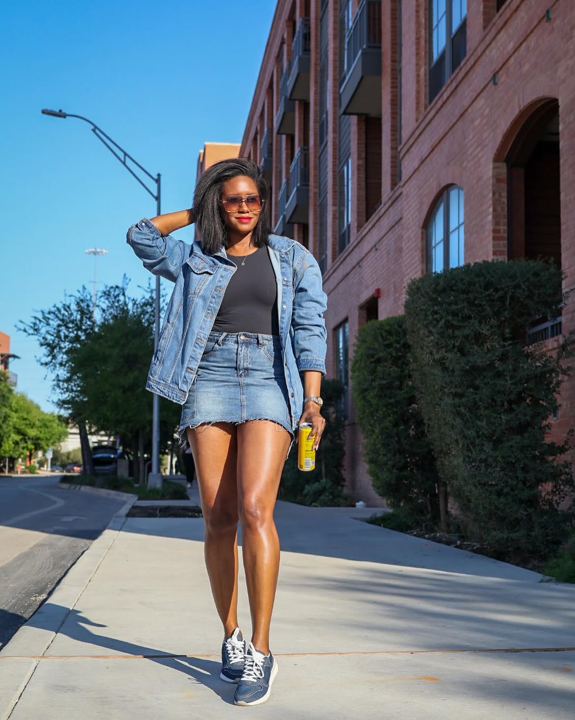 Denim Jacket With Denim Mini Skirt Look