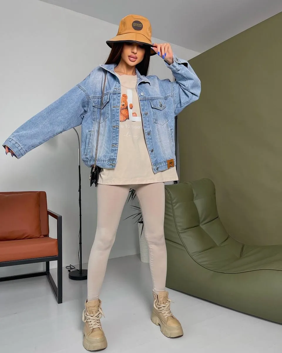 Denim Jacket With Graphic Tee And Leggings Look