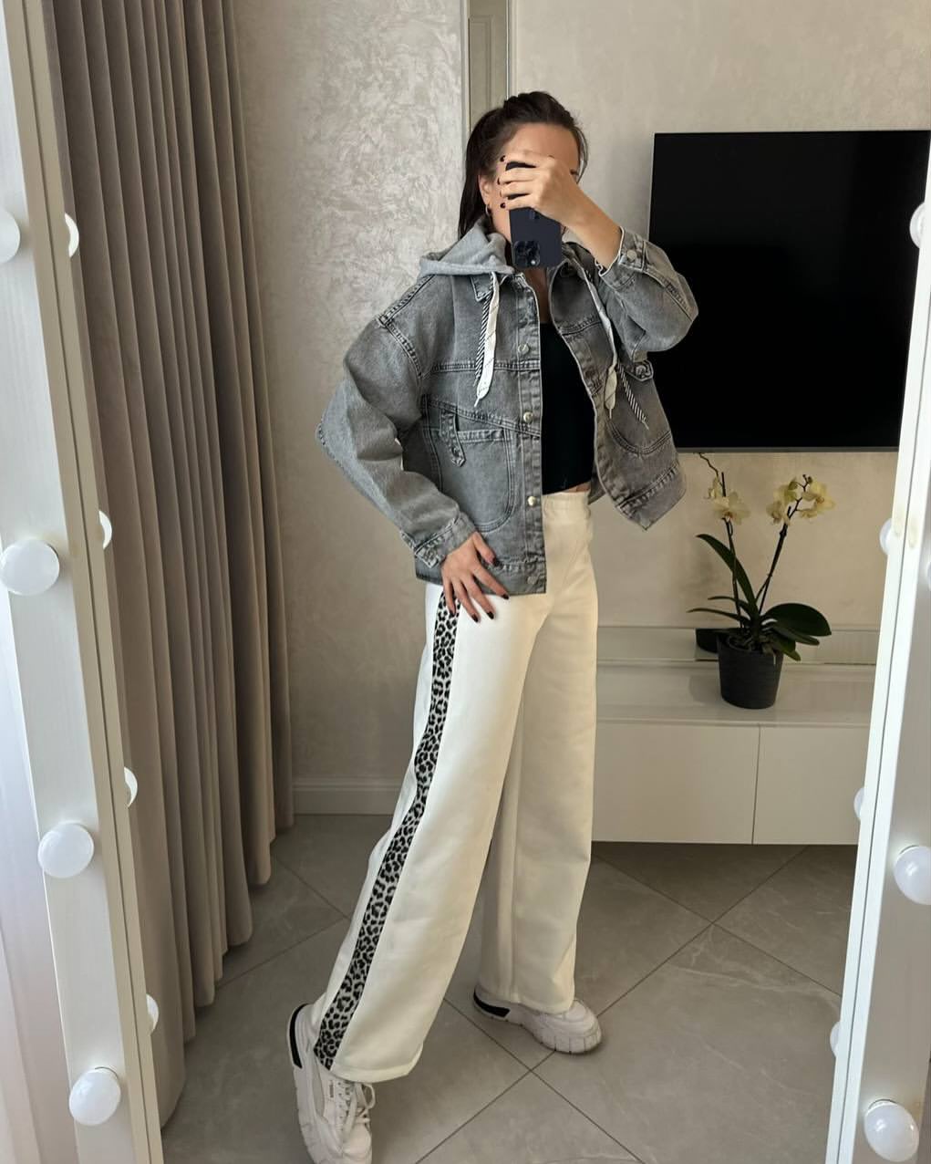 Denim Jacket With Leopard Trim Trousers Outfit