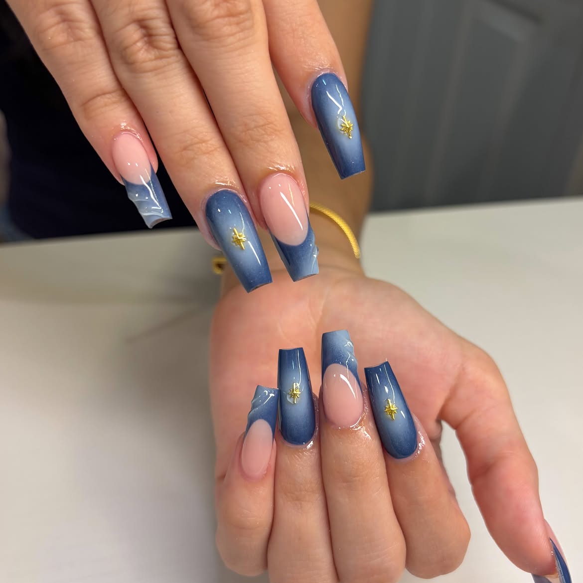 Denim Ombre French Tip Coffin Nails with Star Charms