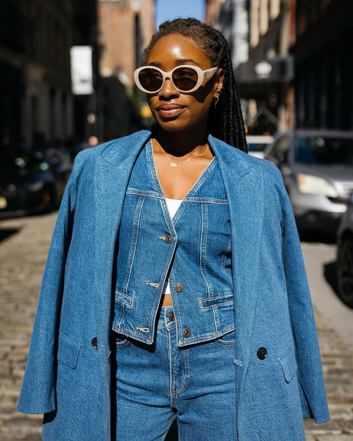 Denim on Denim Power Suit with Statement Sunglasses