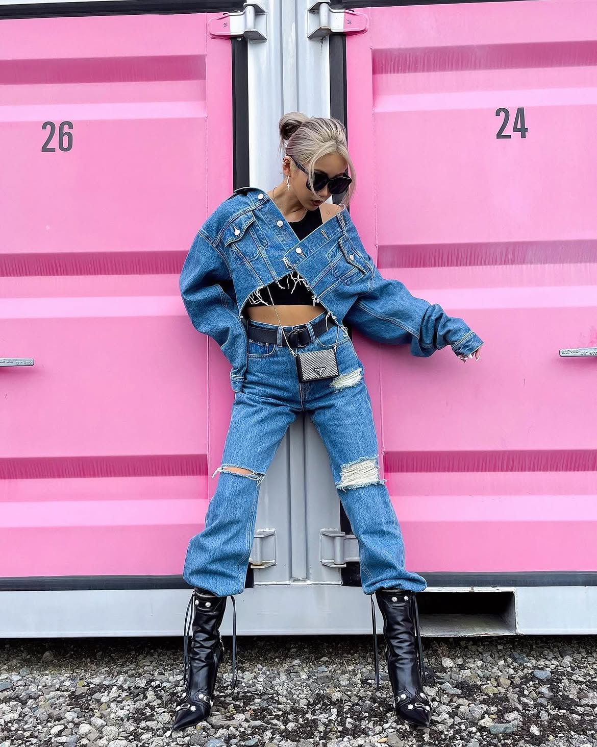 Distressed Denim On Denim Statement Look