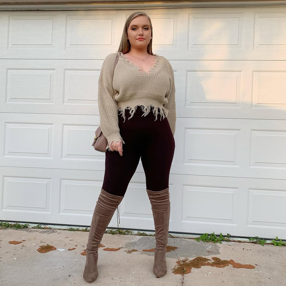 Distressed Knit Sweater With Over-The-Knee Boots