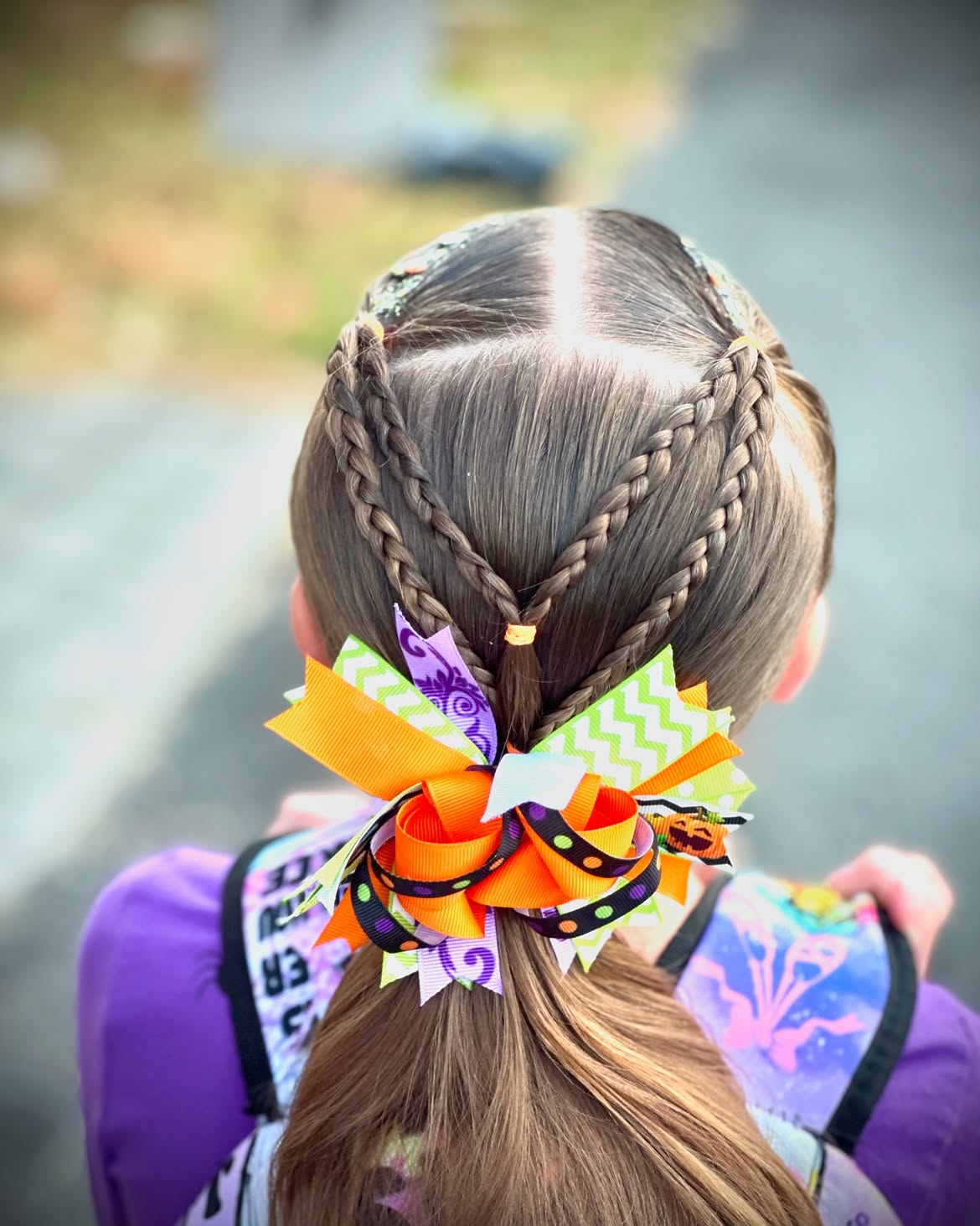 Double French Braid Heart With Halloween Pony Bow