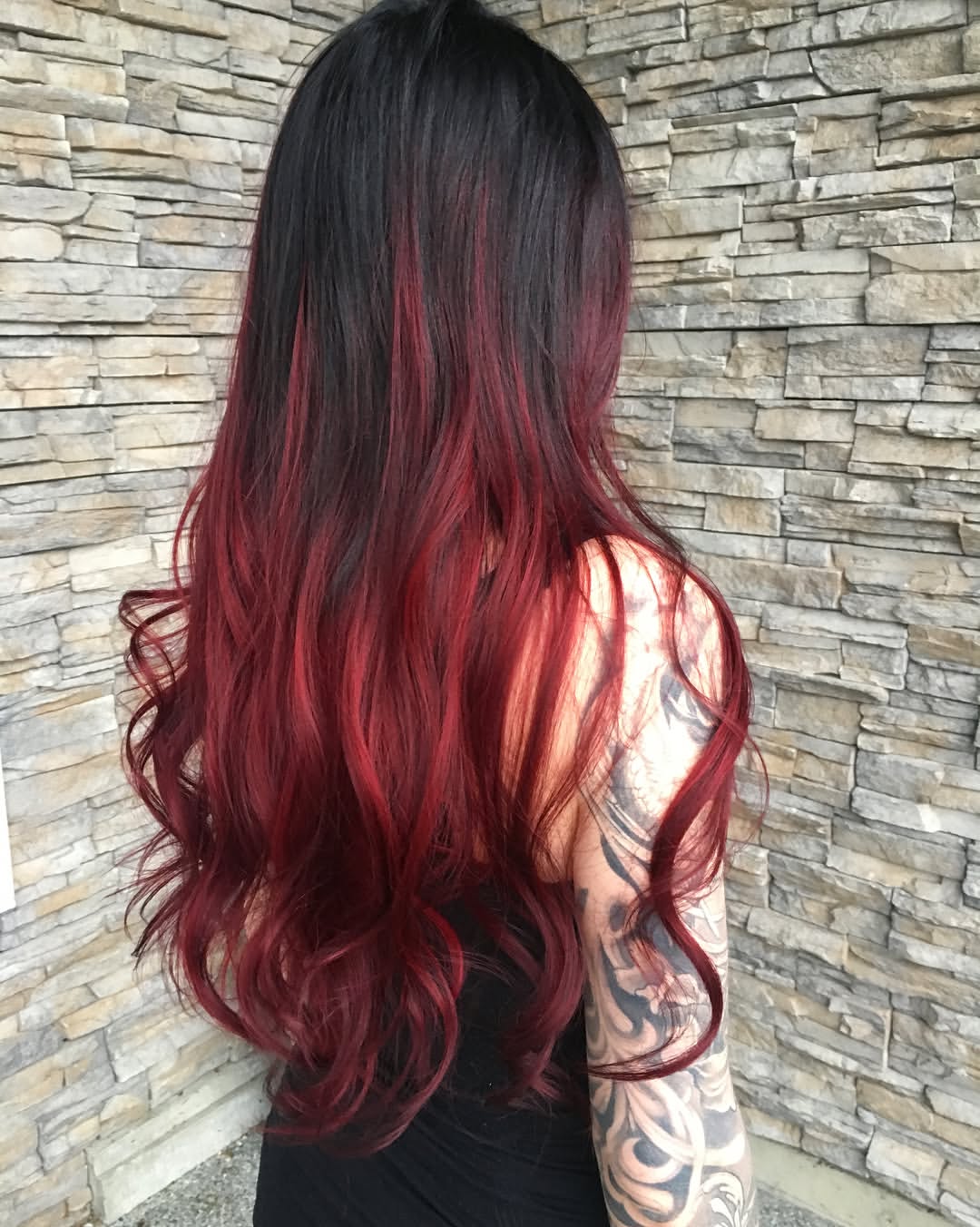 Dramatic Ombre Black To Cherry Red Waves