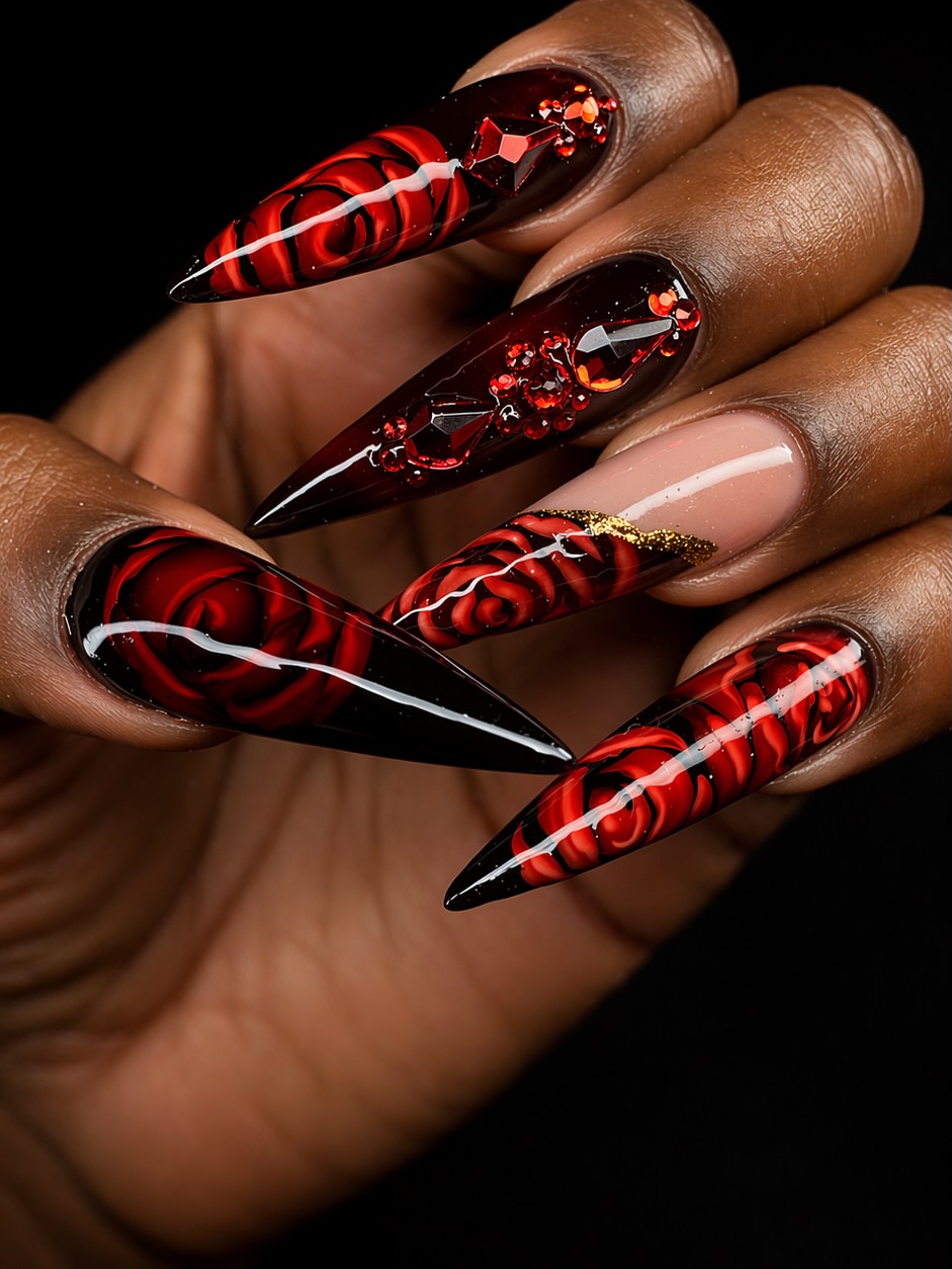Dramatic Red Rose Stiletto Nails with Embellishments