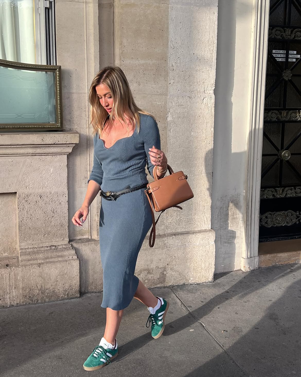 Dusty Blue Ribbed Midi Dress With Sneakers
