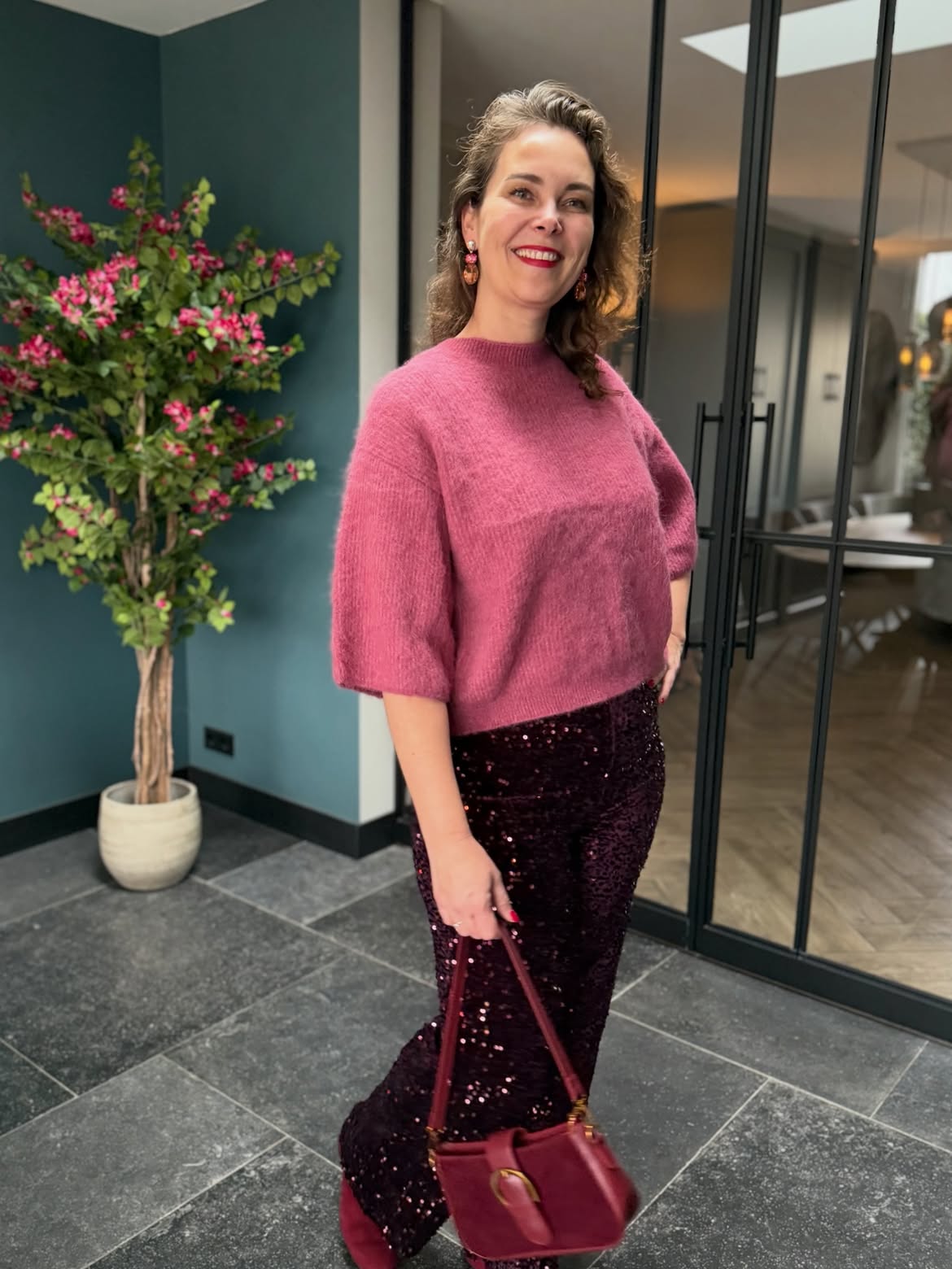Dusty Rose Sweater With Sparkle Sequin Pants