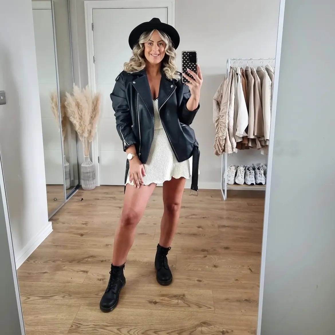 Edgy Moto Jacket With White Textured Mini Dress
