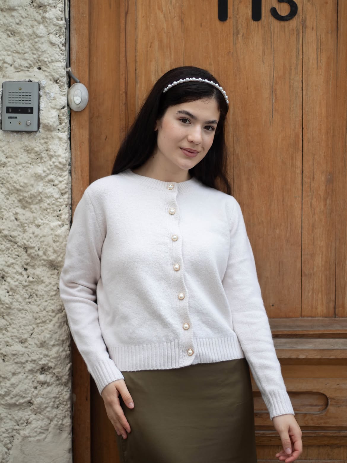 Elegant Cream Cardigan With Olive Satin Midi Skirt