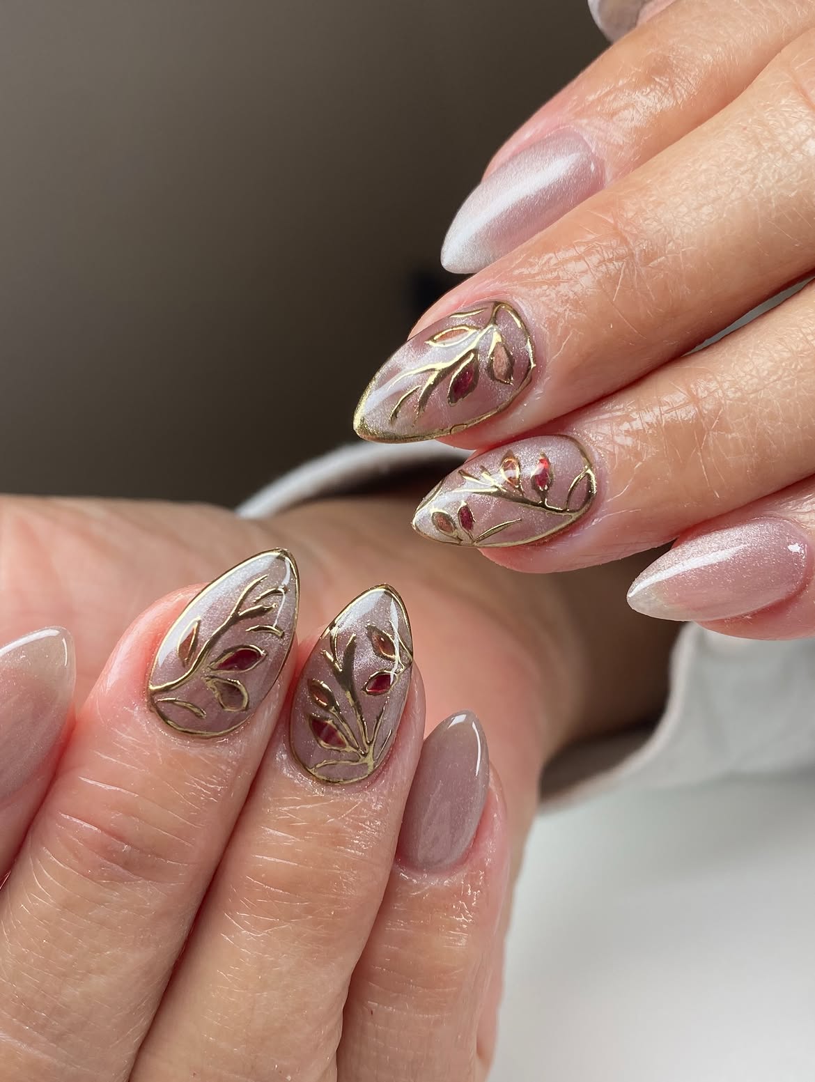Elegant Gold Leaf Fall Almond Nails