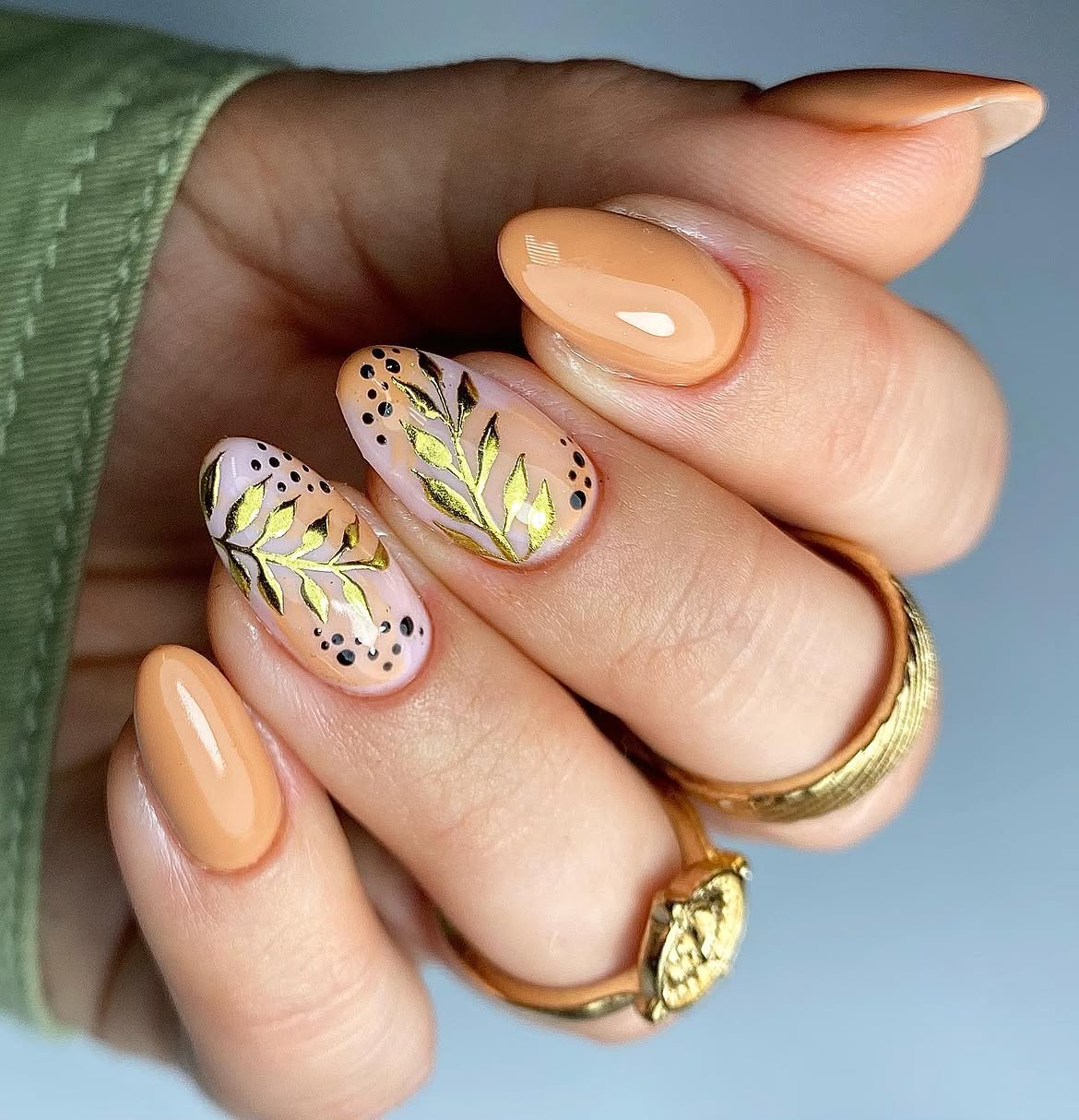 Elegant Gold Leaf Fall Almond Nails
