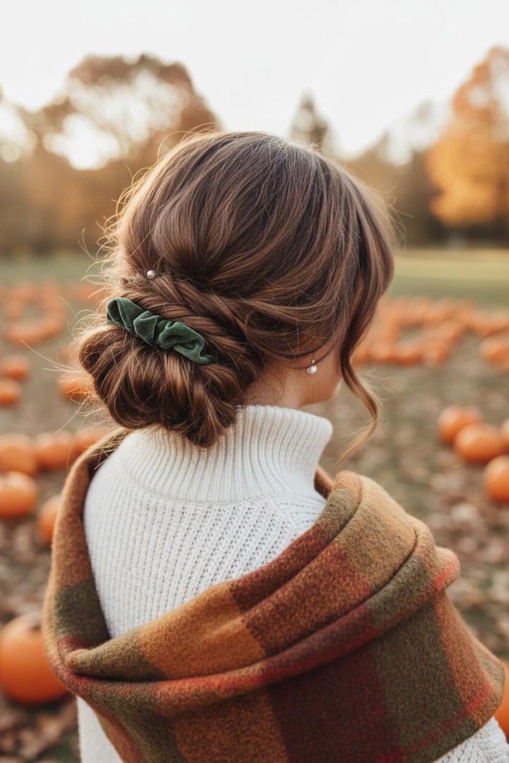 Elegant Twisted Low Bun With Velvet Scrunchie Accent