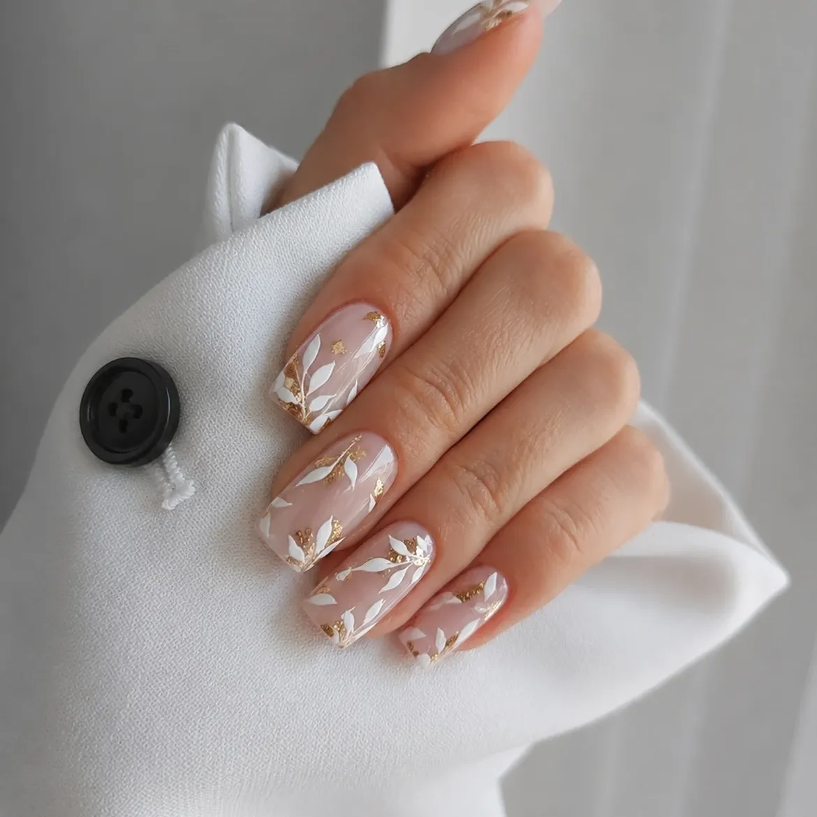 Elegant White Leaf and Gold Foil Accent Nails