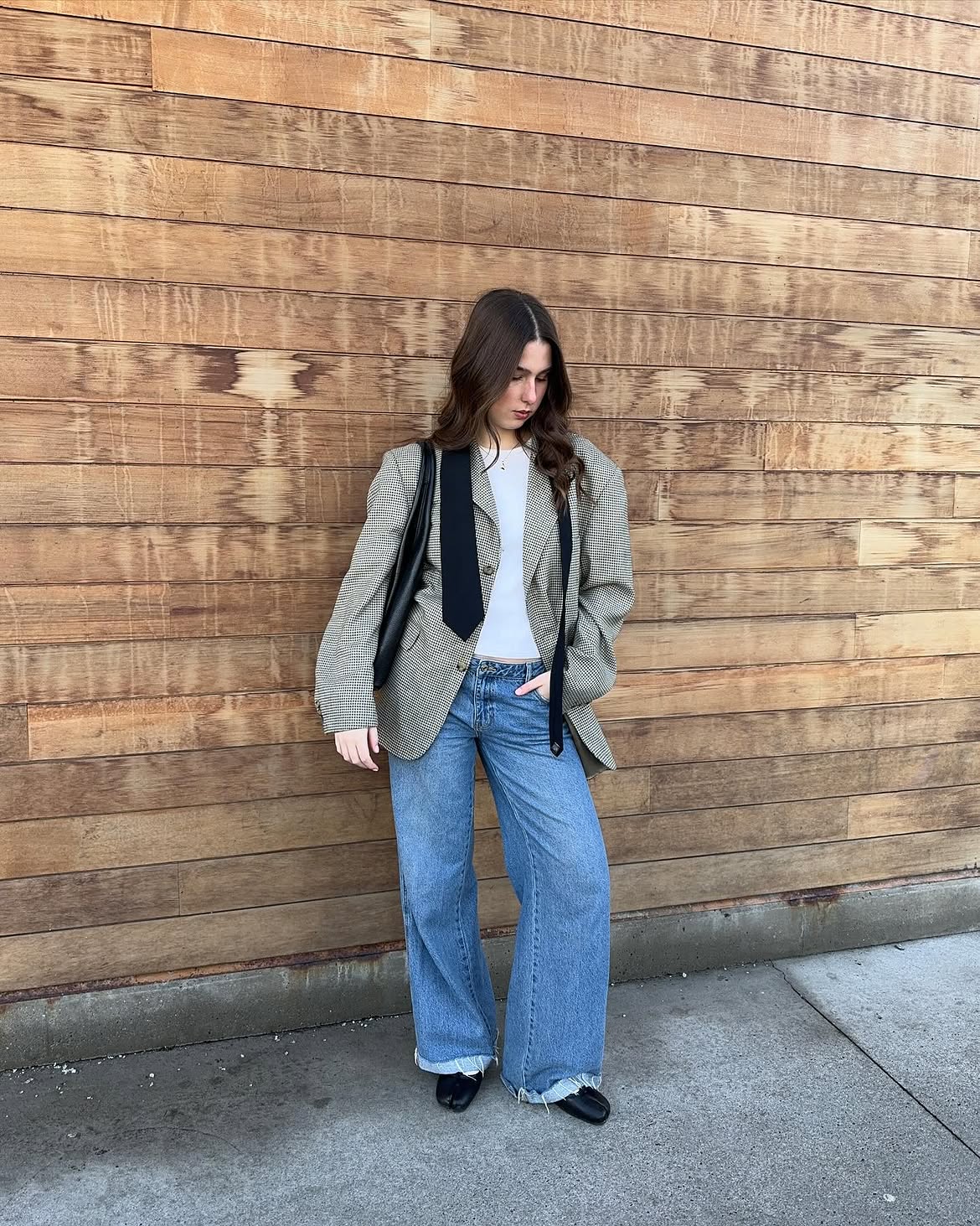 Elevated Casual Houndstooth Blazer With Wide Leg Denim