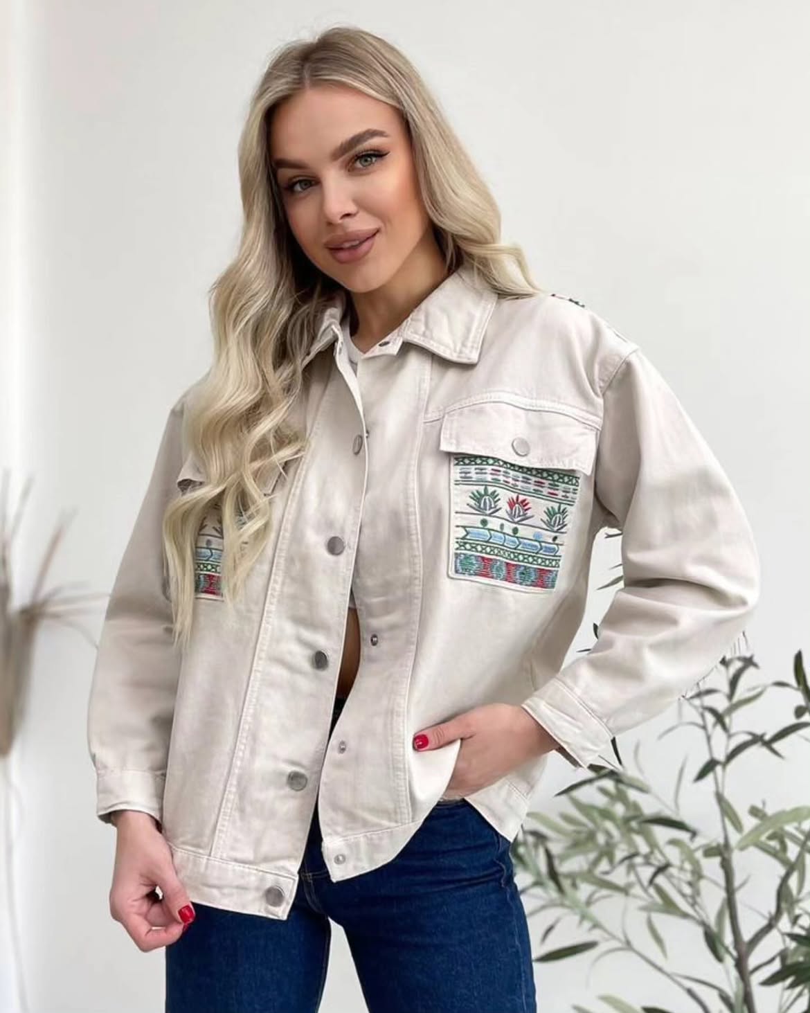 Embroidered Denim Jacket With Dark Wash Jeans