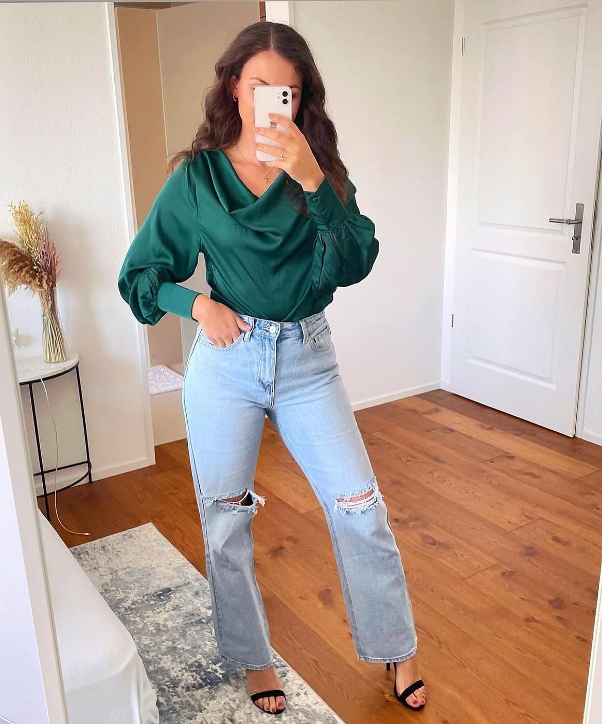 Emerald Drape Top With Distressed Denim