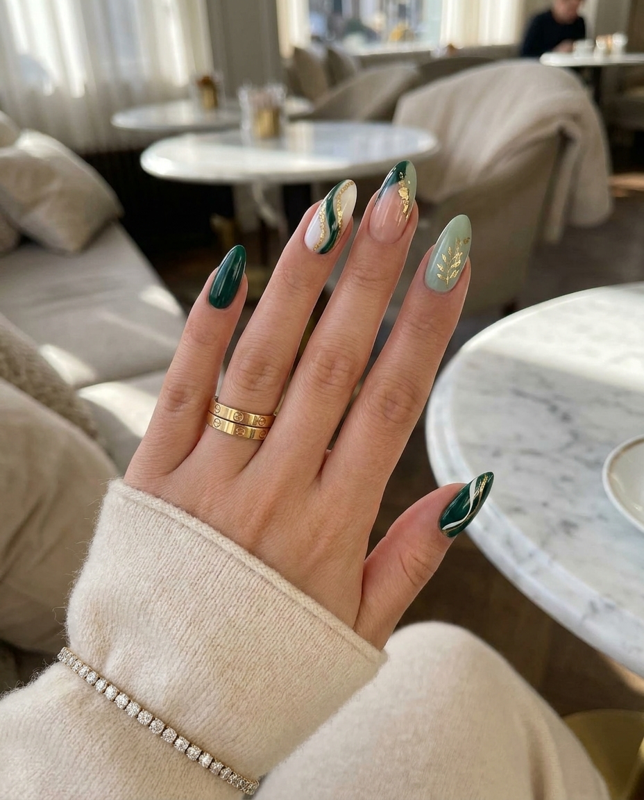 Emerald Green Abstract Gold Leaf Almond Nails