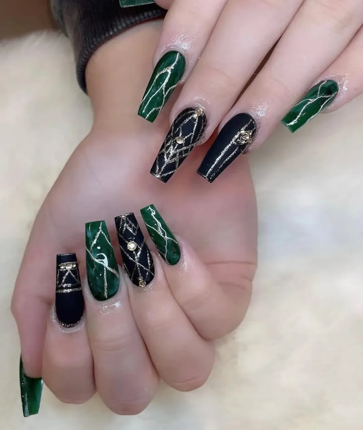 Emerald Green and Black Mismatched Coffin Nails