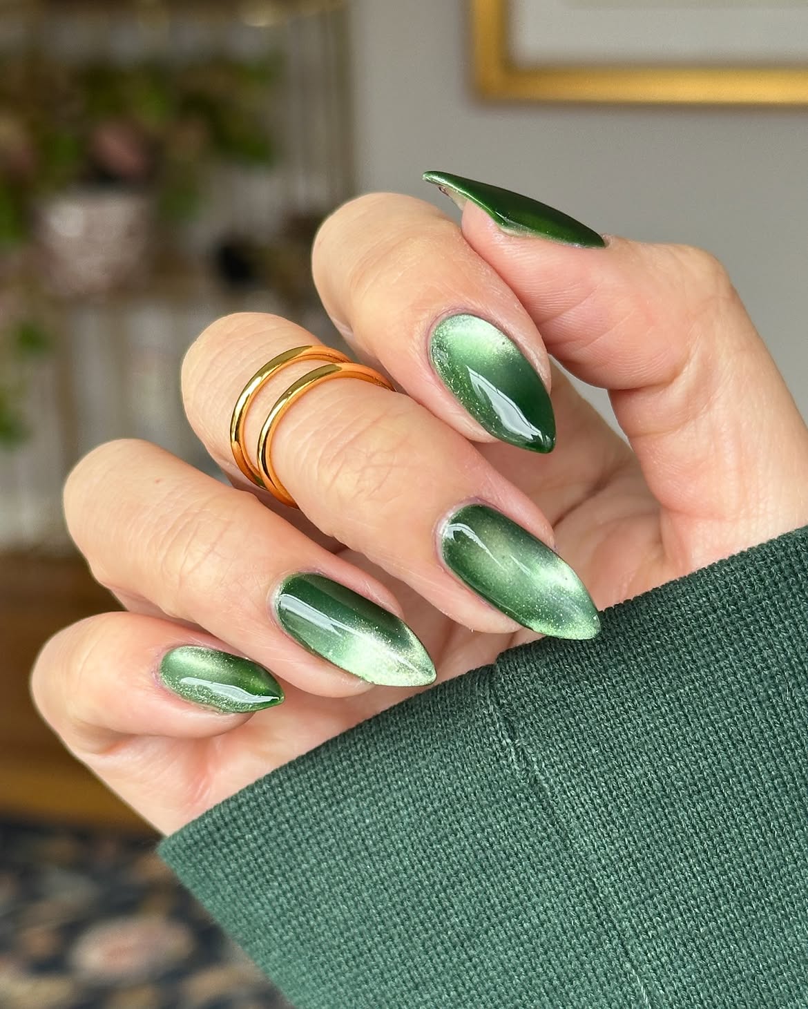 Emerald Green Cat Eye Ombre Almond Nails