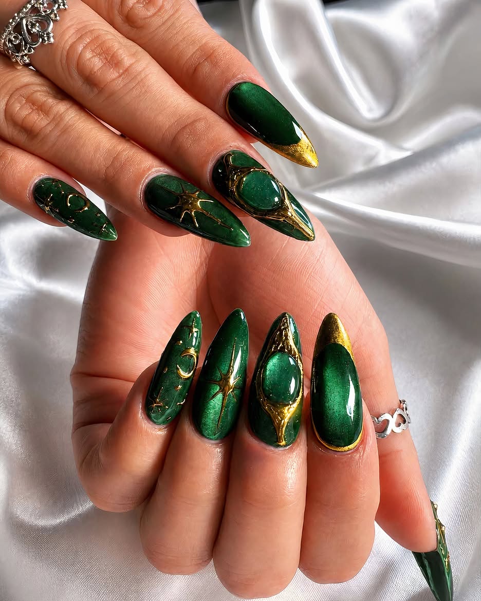 Emerald Green Cat Eye Stiletto Nails With Gold Accents