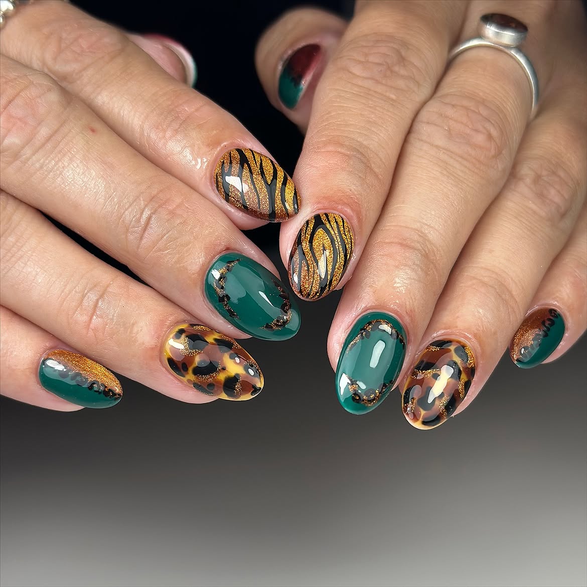 Emerald Green Cheetah Tiger Print Almond Nails