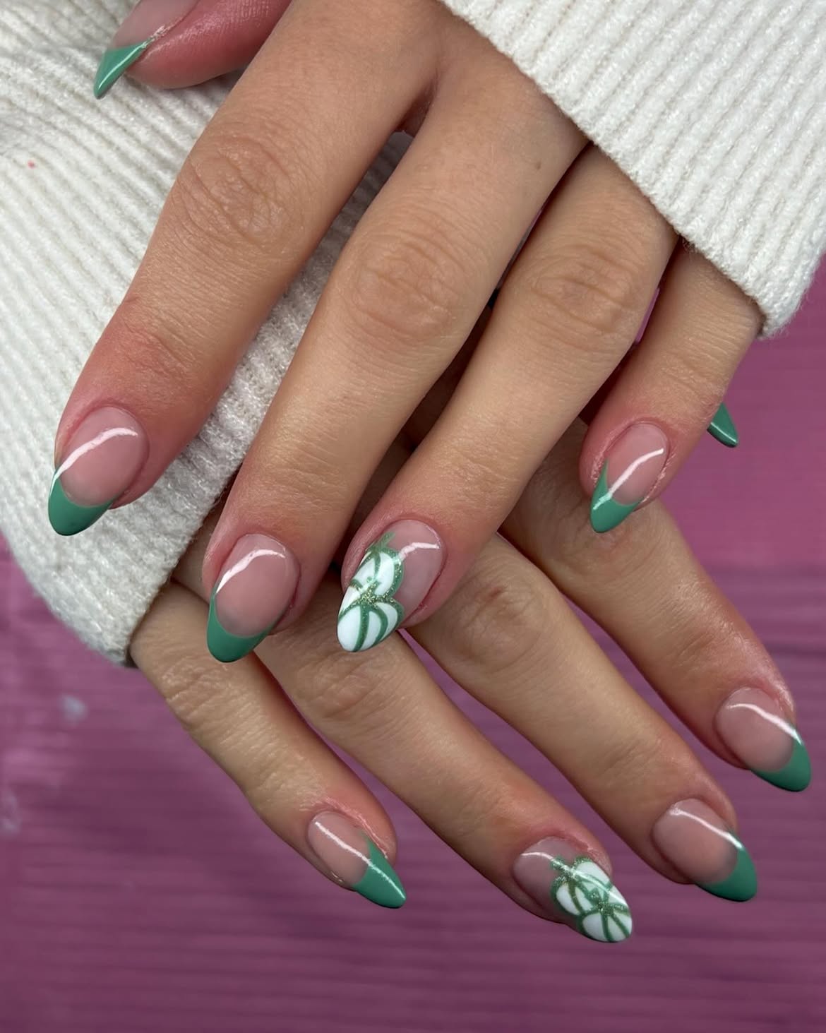 Emerald Green French Tip Pumpkin Art Nails