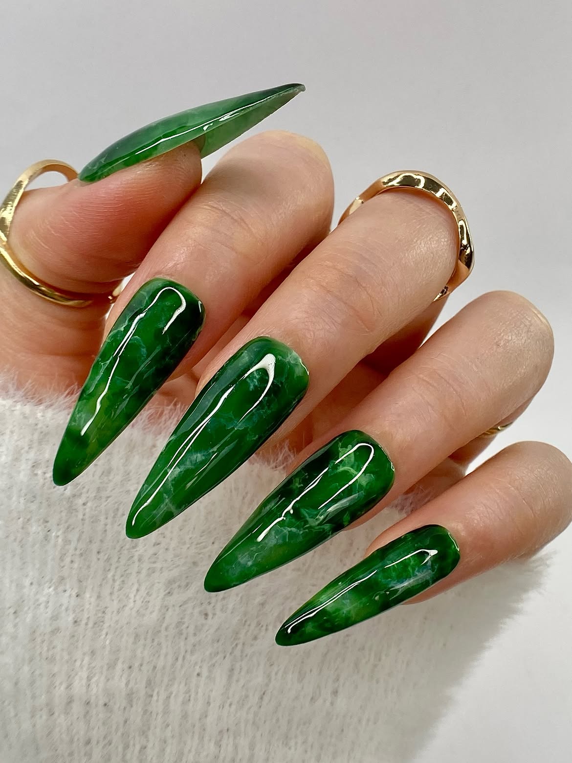 Emerald Green Marble Stiletto Nails
