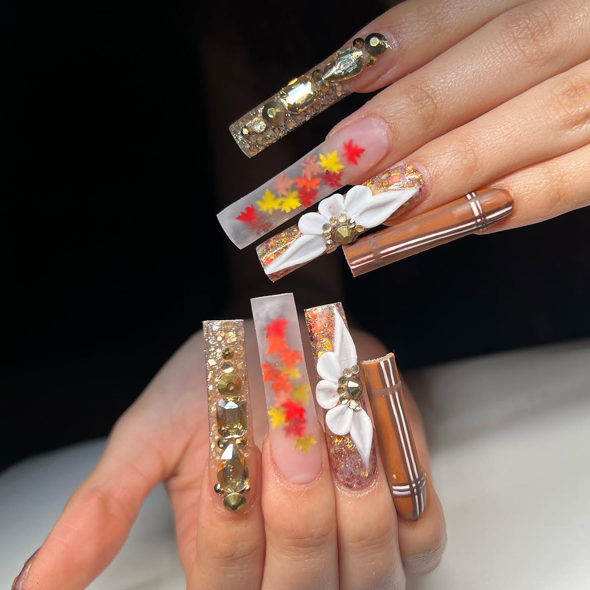 Fall Leaf 3D Flower Plaid Acrylic Nails